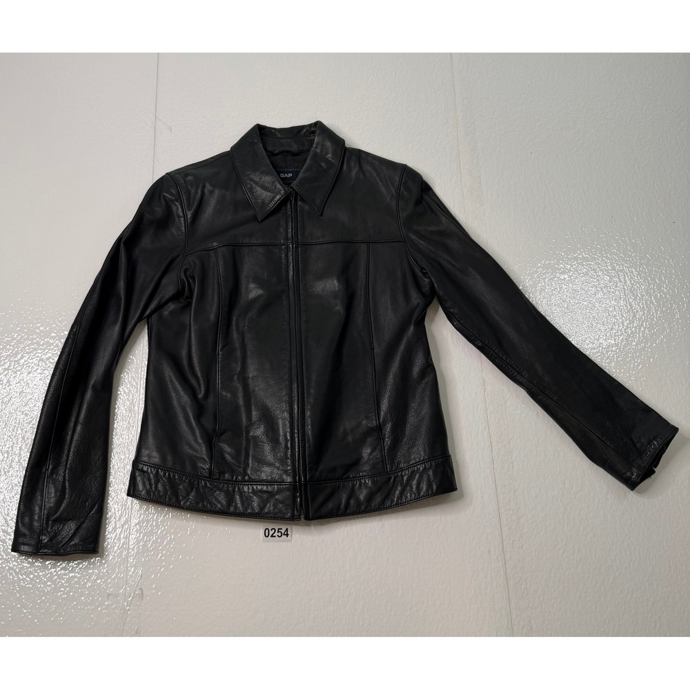 Gap Womens Black Leather Jacket Zip Front Moto Style Size M RN 54023